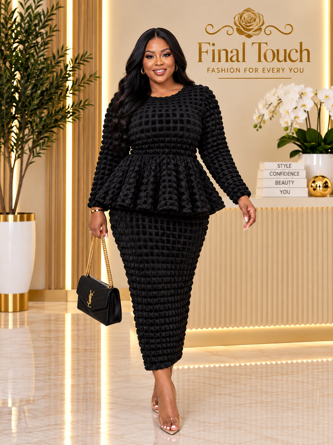 Black Popcorn Peplum Dress