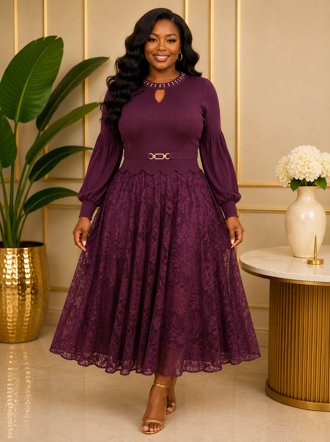 Plum Lace Pleated Dress