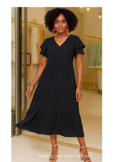 Black V-Neckline Tiered Midi Dress