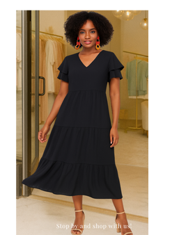 Black V-Neckline Tiered Midi Dress