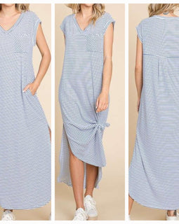 Sleeveless Blue Striped Maxi