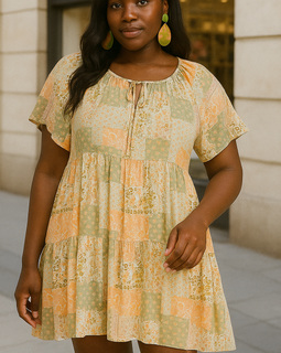 Patch V-Neck Boarder Dress