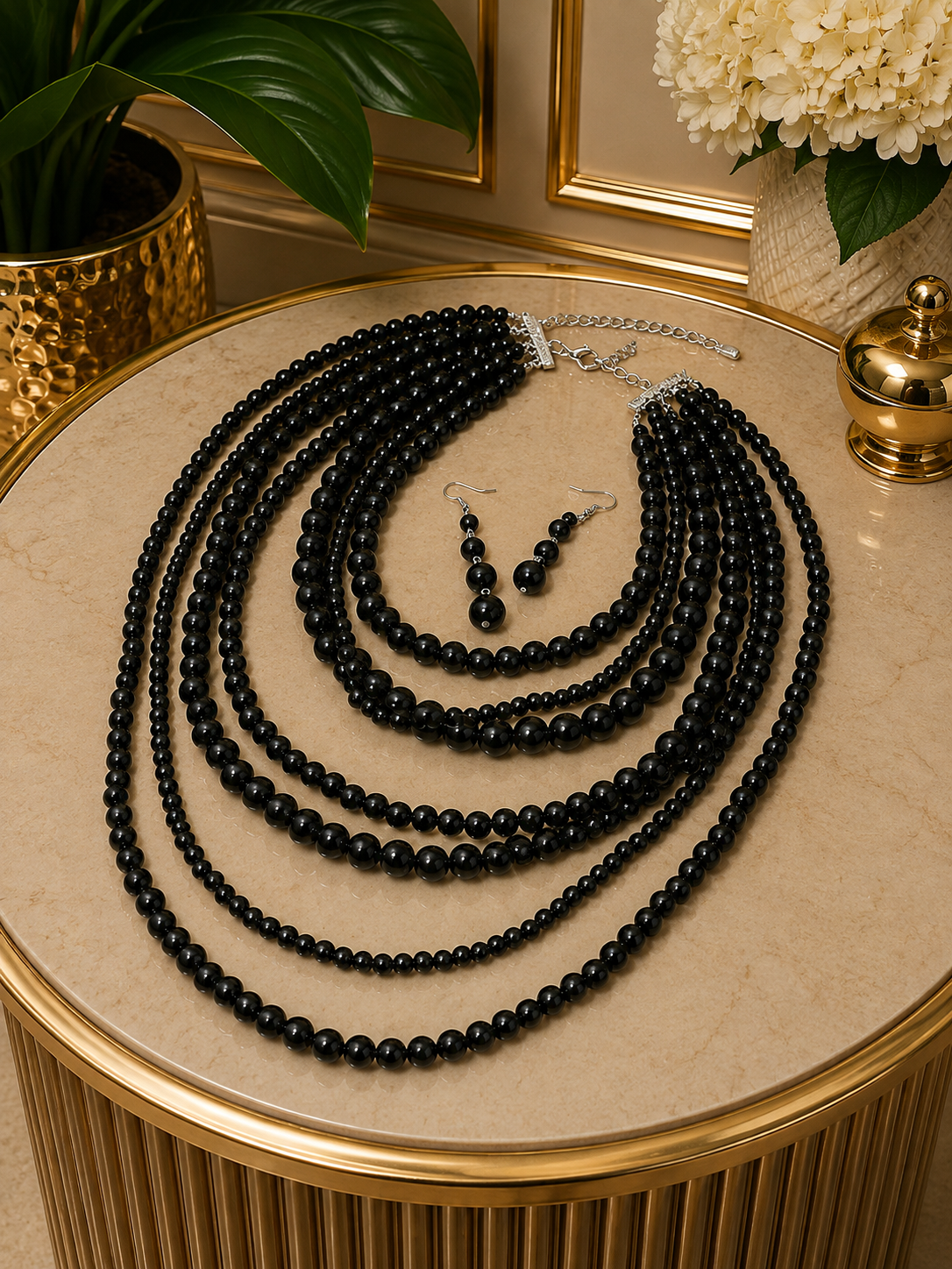 Black Multi Strand Necklace Set