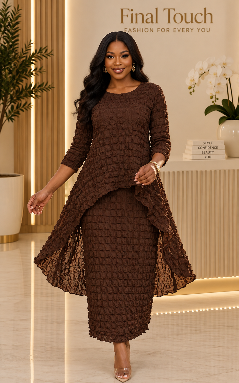 Brown Popcorn Peplum Dress