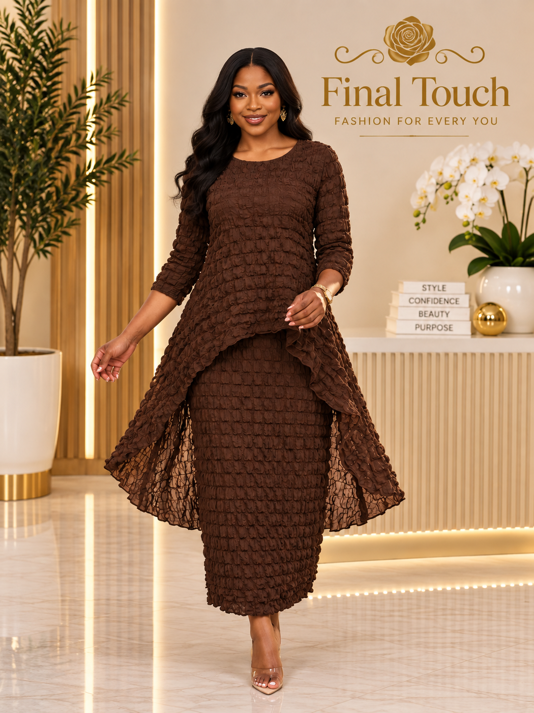 Brown Popcorn Peplum Dress