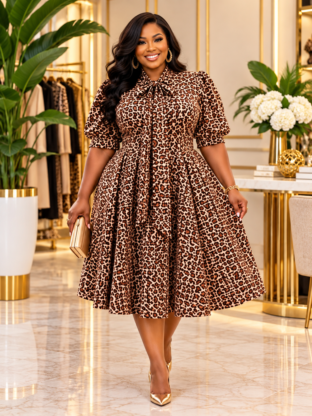 Leopard Print Tie Neck Dress