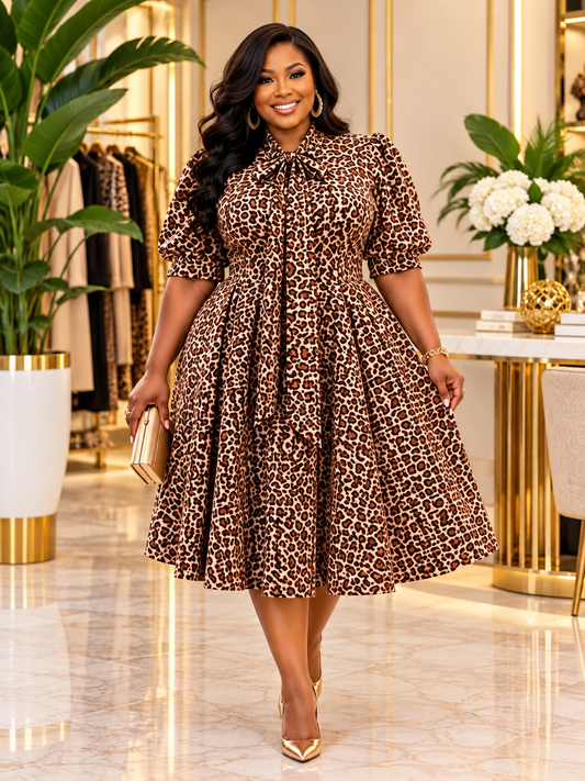 Leopard Print Tie Neck Dress