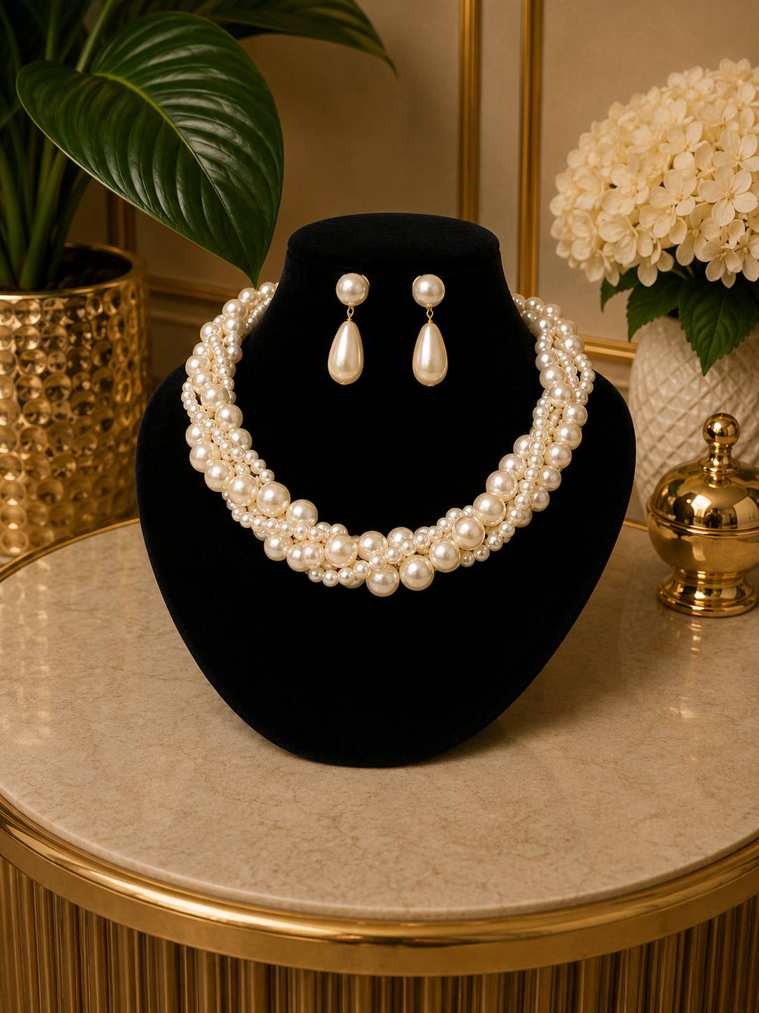 Braided Ivory Pearl Necklace Set