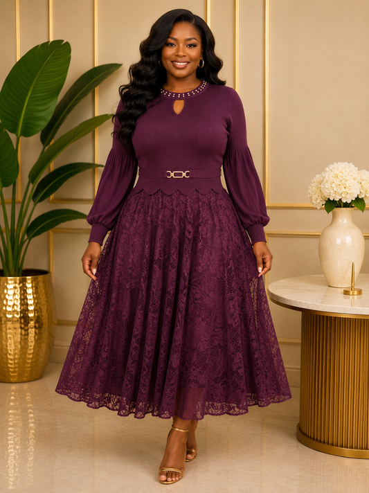 Plum Lace Pleated Dress
