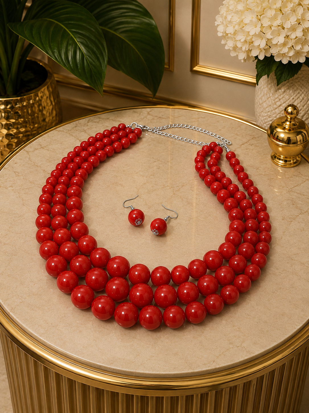 Red Beaded Necklace Set