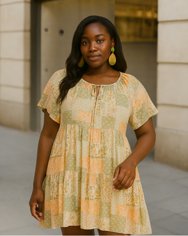 Patch V-Neck Boarder Dress