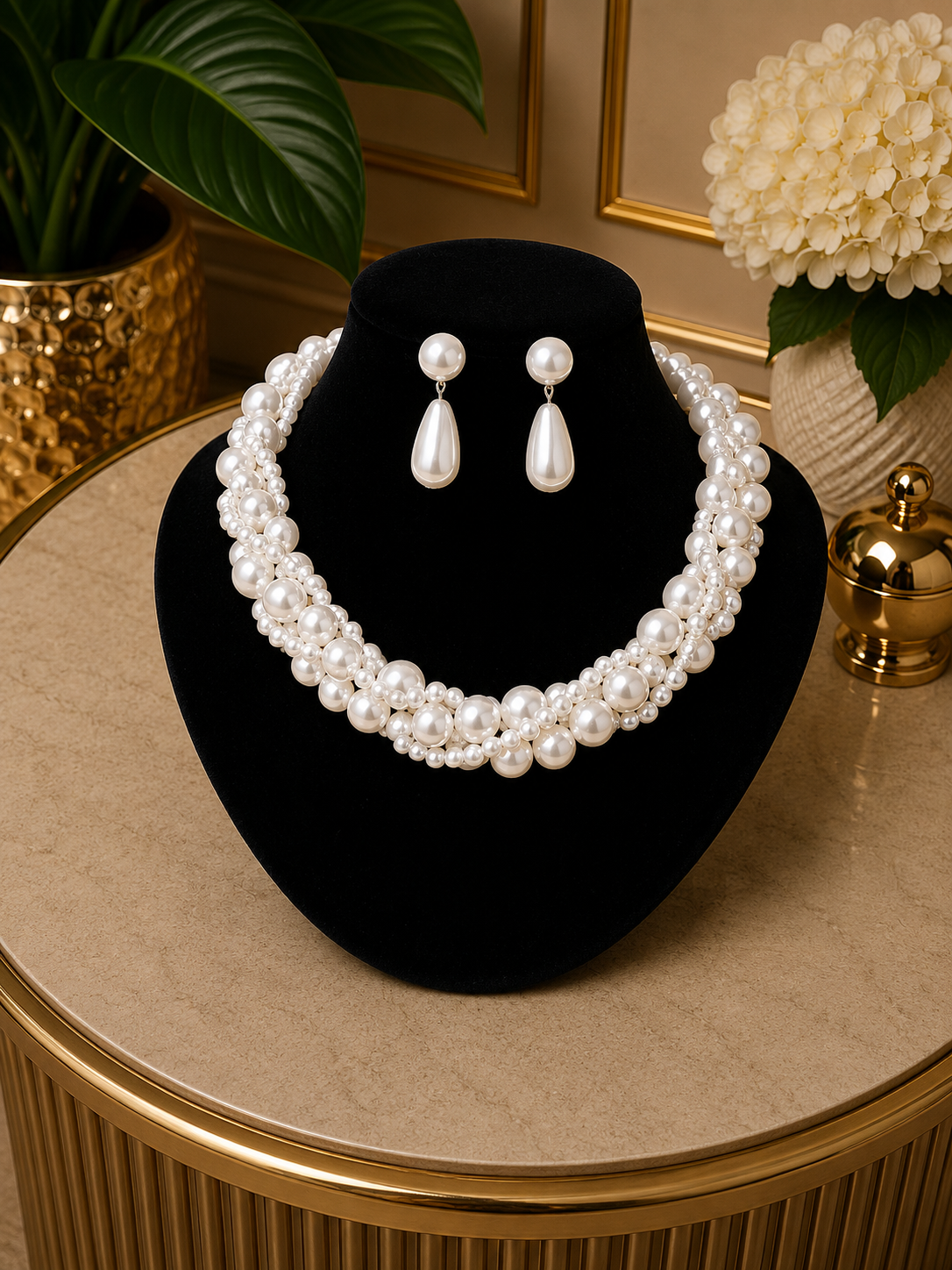 Braided White Pearl Necklace Set