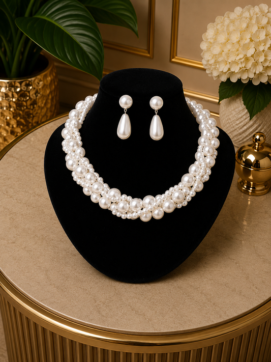 Braided White Pearl Necklace Set