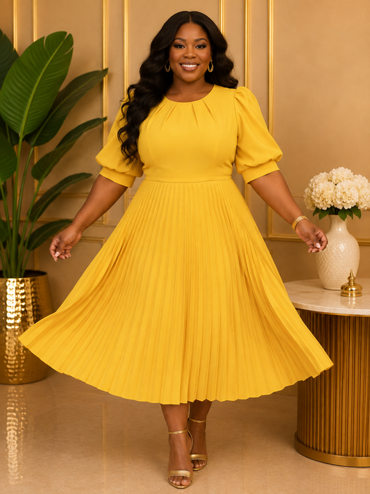 Curvy Girl Yellow Pleated Dress